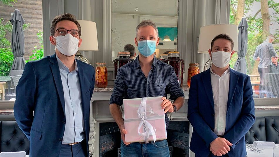 Hugo Hermant (center) won the KONE DX Experiments competition for his proposal to connect a wheelchair to an elevator.*