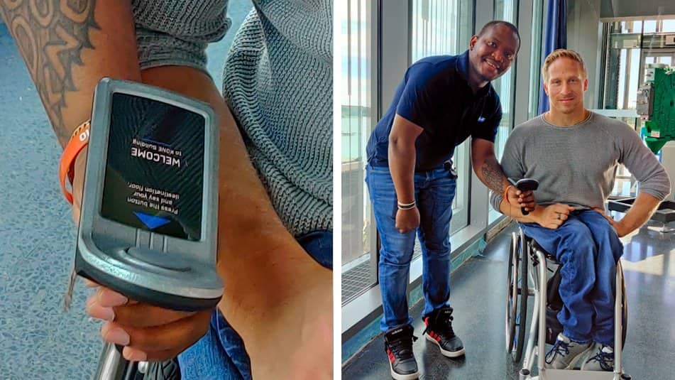 Paralympian gold medalist Leo-Pekka Tähti (pictured with Raymond Ogienoyevbede from KONE) is helping to test the idea of connecting a wheelchair to an elevator.*
